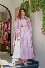 Pastel Pink & Mint Green Chanderi Silk Embroidered Anarkali Kurta Pant Set with Organza Dupatta
