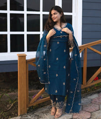 Premium Roman Silk Embroidered Suit Set with Organza Dupatta | Designer Ethnic Wear for Women