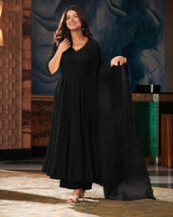 Classic Black Georgette Anarkali Suit Set with Real Mirror Work Dupatta