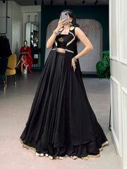 Black Flow Fabric Navratri Lehenga Choli Set with Lotus Handwork & Long Designer Jacket