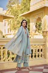 Blush Pink & Powder Blue Chanderi Silk Embroidered Kurta Pant Set with Embroidered Chanderi Dupatta
