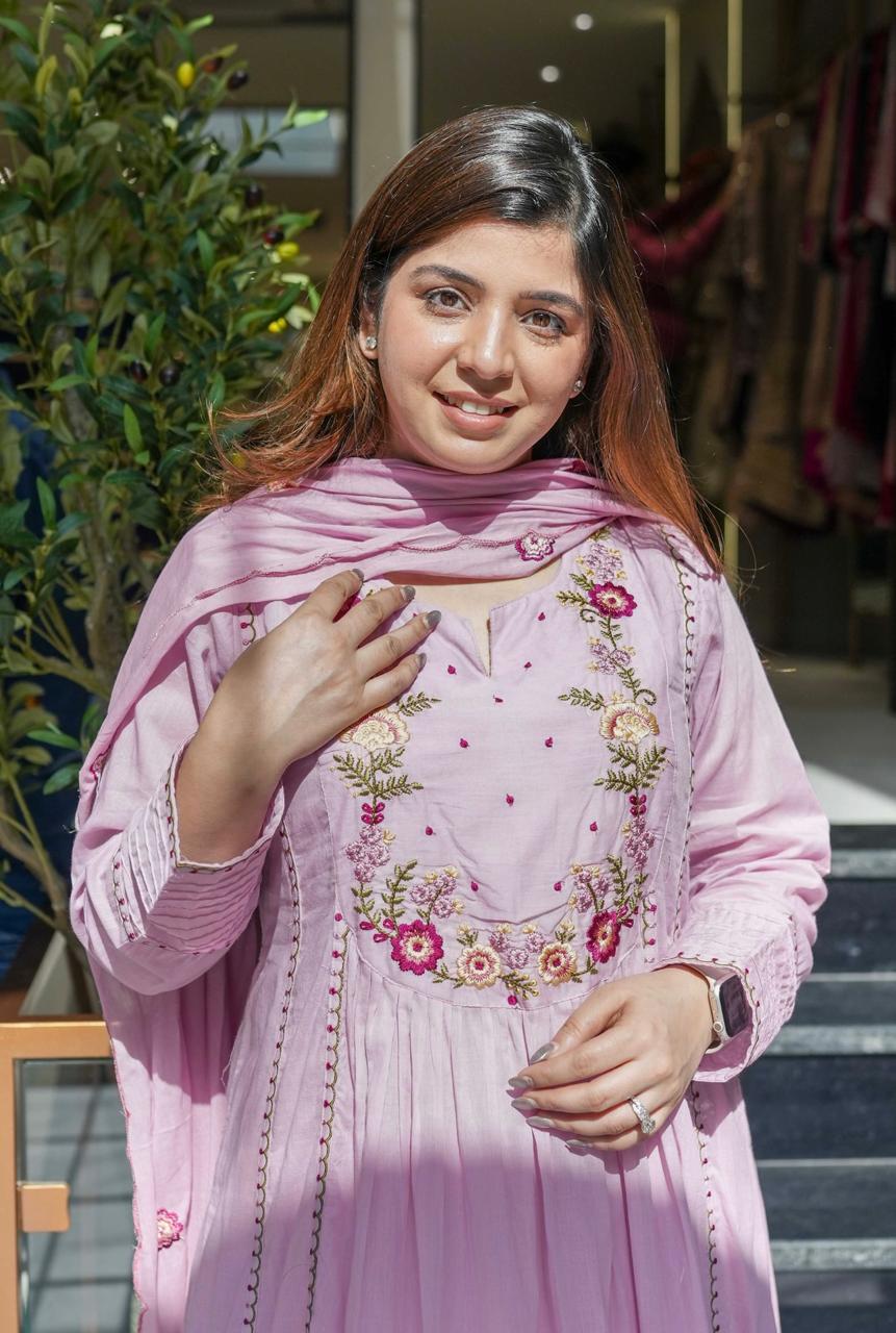 Pastel Pink & Mint Green Chanderi Silk Embroidered Anarkali Kurta Pant Set with Organza Dupatta