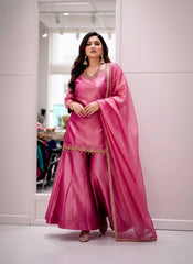 Rani Pink Fandy Silk Kurti Plazzo Set with Dupatta | Designer Embroidered Festive Suit for Women