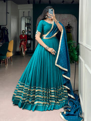 Teal Blue Chanderi Navratri Lehenga Choli Set with Mirror Work & Zari Butti Dupatta