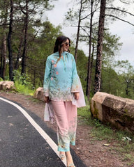 Sky Blue Premium Maslin Cotton Kurti Pant Set with Dupatta | Designer Digital Print Ethnic Suit for Women