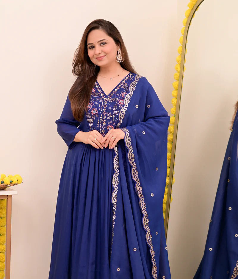 Wine, Sapphire Blue & Ivory White Chanderi Silk Embroidered Anarkali Kurta Pant Set with Embroidered Chanderi Dupatta