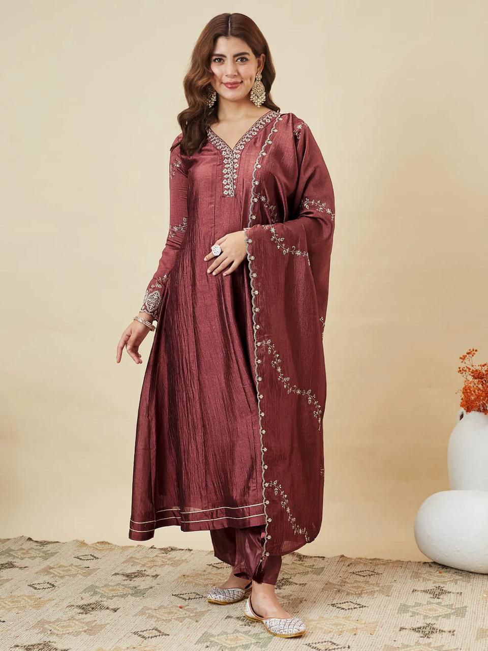 Premium Vichhitra Silk Embroidered Anarkali Suit Set with Embroidered Vichhitra Silk Dupatta | Designer Ethnic Wear for Women