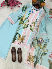 Sky Blue Magic Cotton Digital Print Kurti Pant Set with Georgette Dupatta | Designer Floral Ethnic Suit for Women