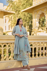 Blush Pink & Powder Blue Chanderi Silk Embroidered Kurta Pant Set with Embroidered Chanderi Dupatta