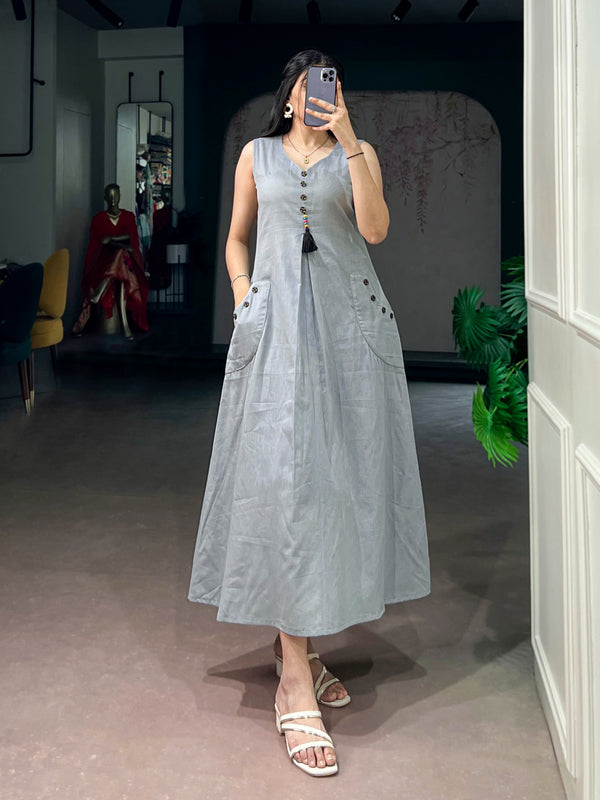 Rooprangi Women's Khadi Cotton A-Line Midi Dress with Wooden Button Detailing