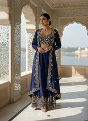 Navy Blue Chinon Silk Embroidered Indo-Western Palazzo Set with Shrug