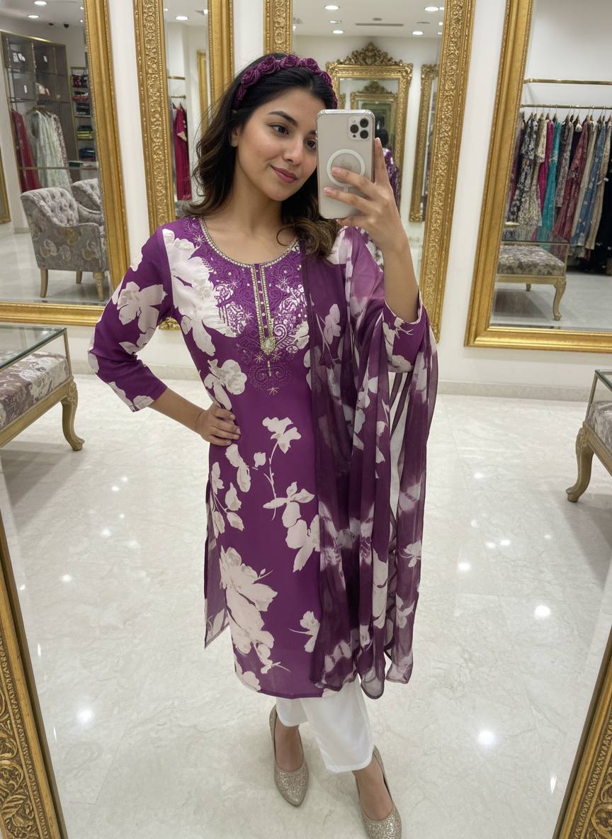 Purple Magic Cotton Embroidered Kurti Pant Set with Digital Print Dupatta