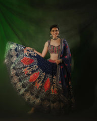 RoopRangi Women's Royal Navy Blue Printed Muslin Cotton Lehenga Choli Set with Real Mirror Work & Dupatta