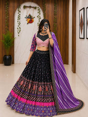 Black Malai Silk Navratri Lehenga Choli with Mirror Work & Printed Dupatta | Designer Garba & Festive Wear Lehenga for Women