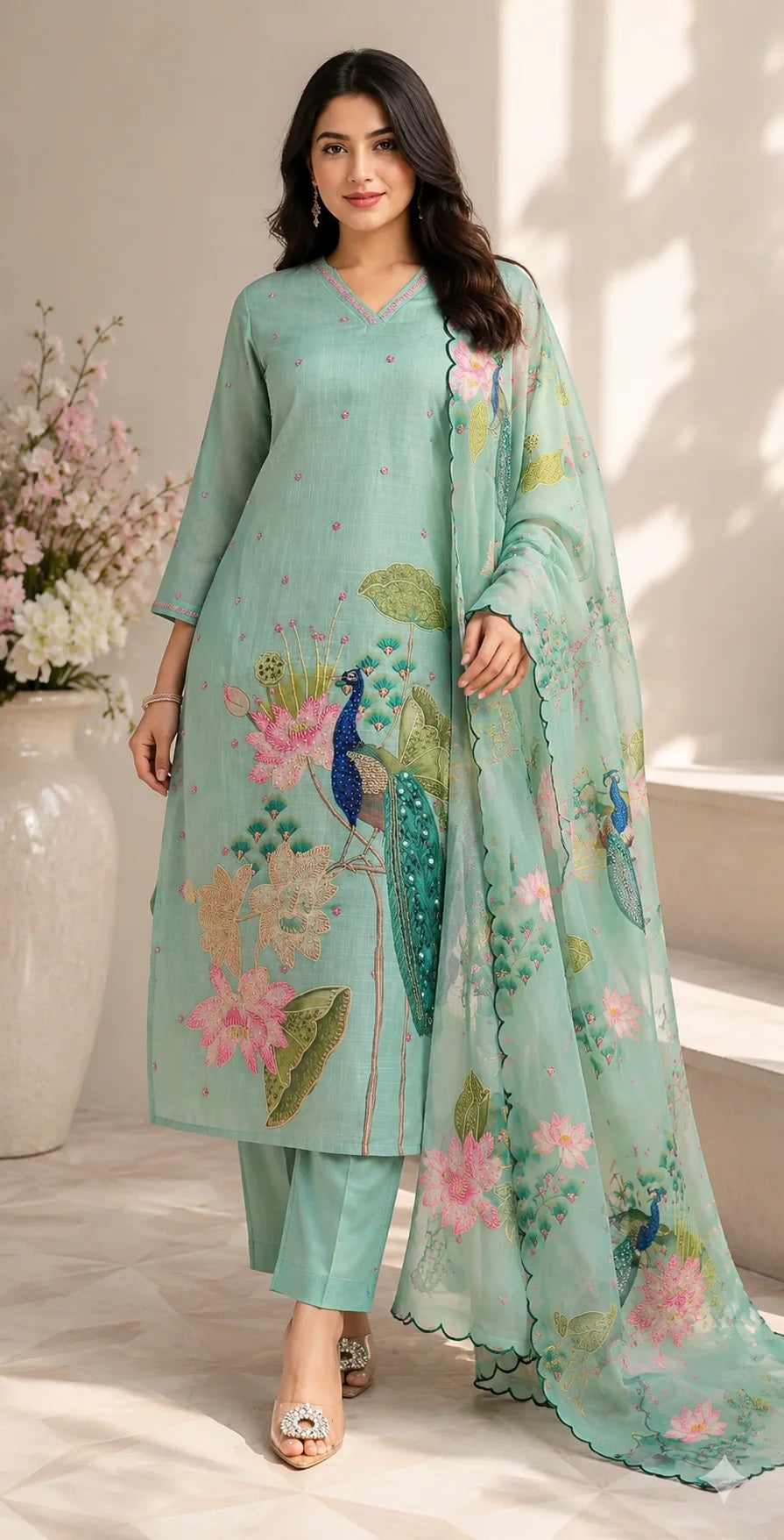 Sea Green Lilan Cotton Peacock Motif Suit Set with Hand Katha Work & Scalloped Dupatta