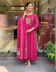 Rust orange & Rani Pink Cotton Khadi Print Embroidered Anarkali Kurta Pant Set with Cotton Khadi Print Dupatta