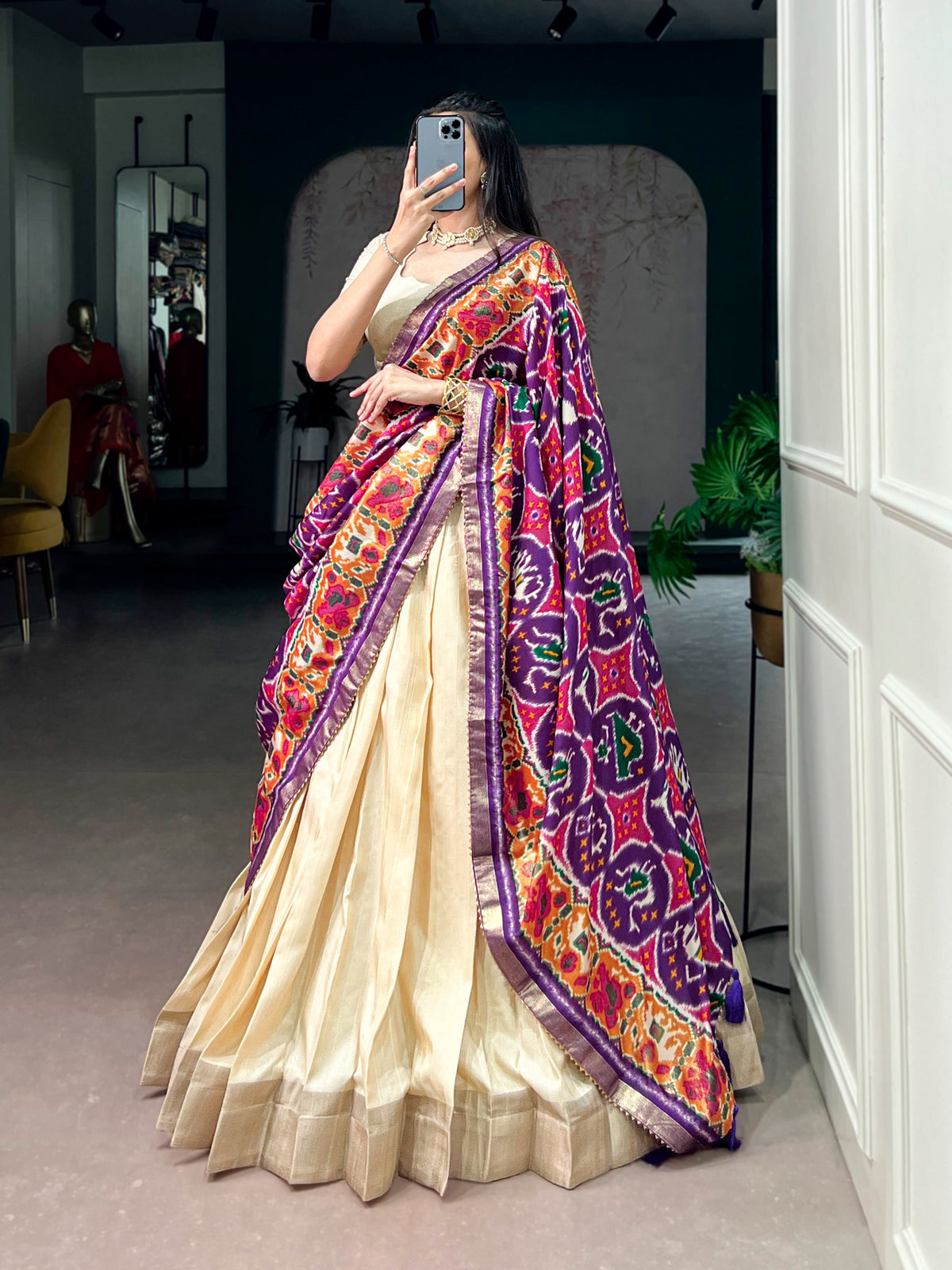 Designer Poly Kotha Tasar Lehenga Choli with Printed Dupatta | Traditional Zari Border Festive Lehenga Set for Women