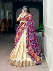 Designer Poly Kotha Tasar Lehenga Choli with Printed Dupatta | Traditional Zari Border Festive Lehenga Set for Women