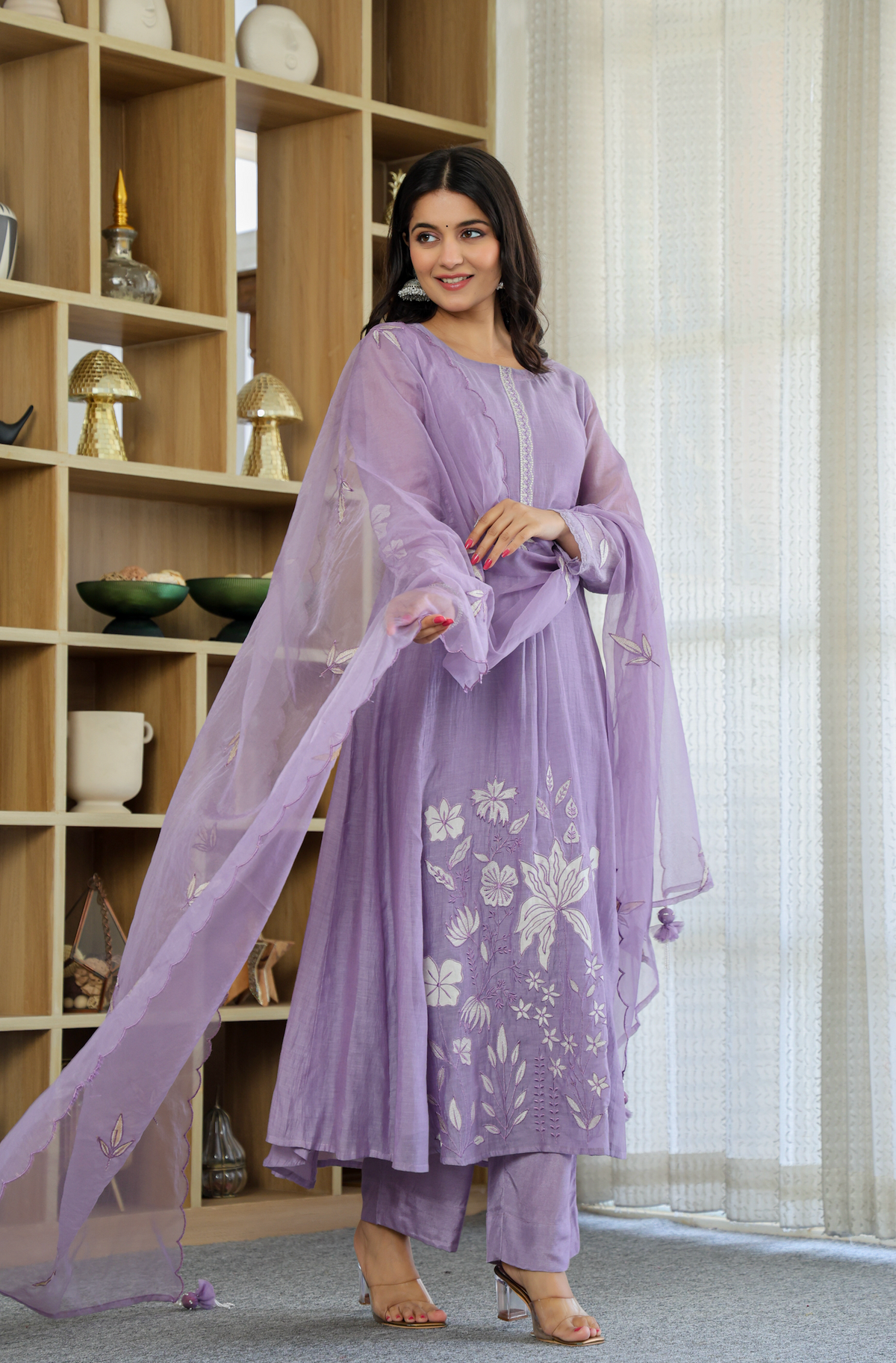 Rooprangi Women's Premium Chanderi Silk Embroidered Kurta Pant Set with Embroidered Chanderi Dupatta | Lavender & Pistachio Green