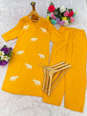 Heavy Rayon Embroidered Kurta Pant Set with Elephant Motif | Designer Casual Ethnic Wear for Women