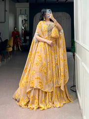 Lavender, Pink, Mustard & Mint Green Georgette Floral Lehenga with Embroidered Cape Dupatta & Batwa | Designer Party Wear Lehenga for Women