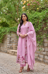 Pink & Ivory Chanderi Silk Embroidered Anarkali Kurta Pant Set with Chanderi Dupatta