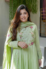 Pastel Pink & Mint Green Chanderi Silk Embroidered Anarkali Kurta Pant Set with Organza Dupatta