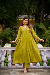 Olive Green & Ruby Red Chanderi Silk Embroidered Anarkali Kurta Pant Set with Organza Dupatta