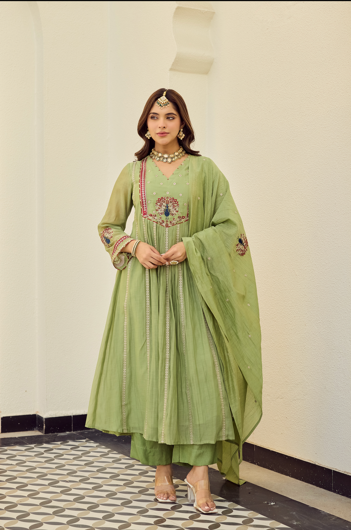 Rooprangi Women's Premium Chanderi Silk Embroidered Kurta Palazzo Set with Chanderi Dupatta | Sage Green & Peach | Festive Wear