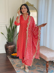 Red & Lime Green Viscose Bandhani Print Embroidered Kurta Pant Set with Muslin Dupatta
