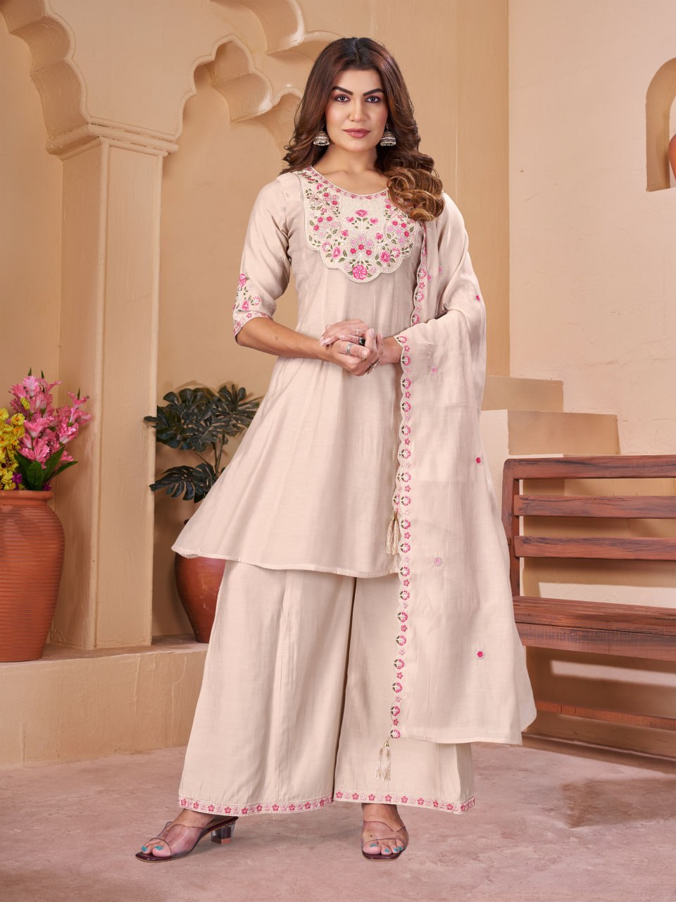 Mal Chanderi Embroidered Anarkali Palazzo Suit Set - Elegant 4-Color