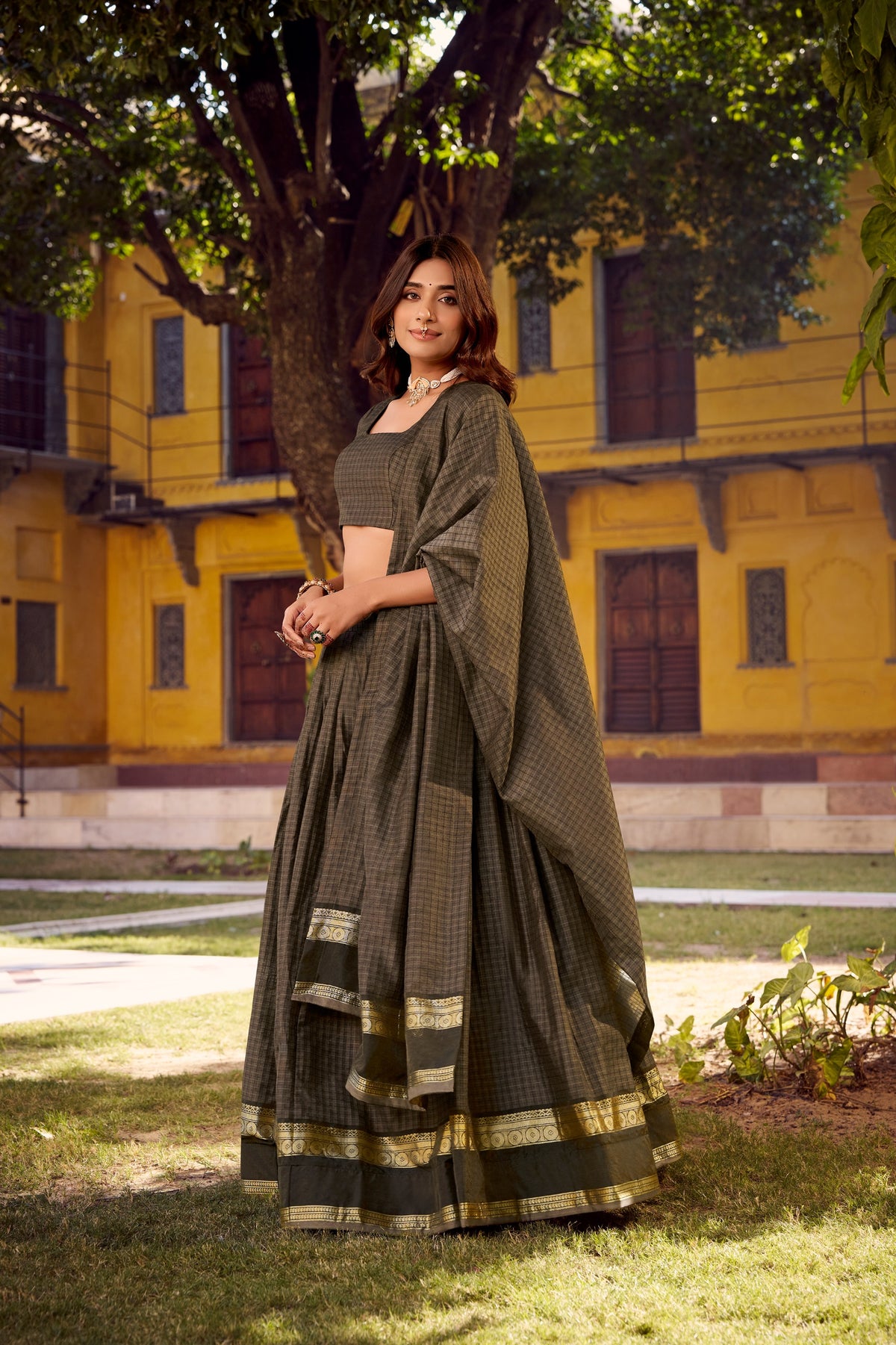 Designer Chettinad Cotton Lehenga Choli Set with Zari Weaving | 4 Meter Flared Traditional Festive Lehenga for Women