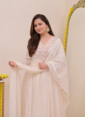 Wine, Sapphire Blue & Ivory White Chanderi Silk Embroidered Anarkali Kurta Pant Set with Embroidered Chanderi Dupatta