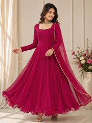 Solid Georgette Anarkali Gown Set with Lace Border Dupatta | Designer Party Wear & Festive Wear Gown for Women