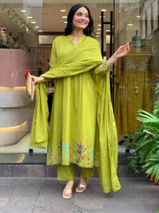 Rooprangi Women's Premium Chanderi Silk Embroidered Kurta Pant Set with Chanderi Dupatta | Olive Green & Mustard Yellow