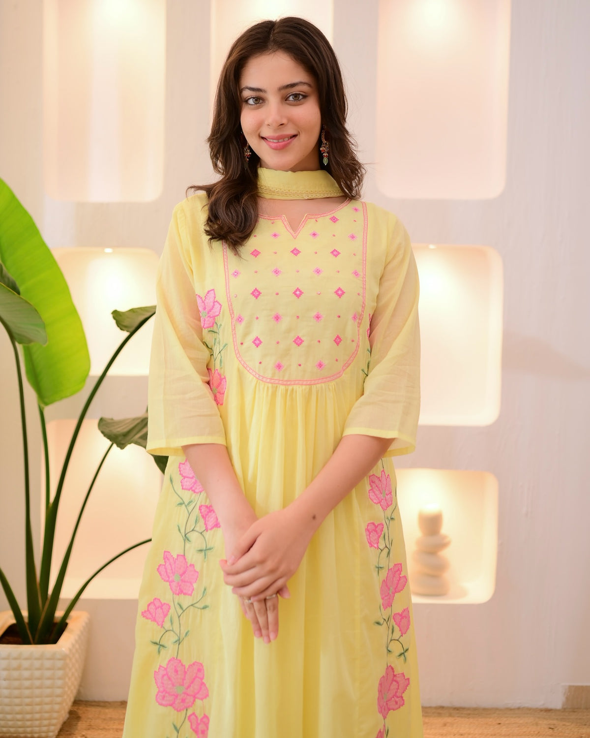 Pastel Yellow & Powder Blue Parampara Silk Embroidered Anarkali Kurta Pant Set with Organza Dupatta