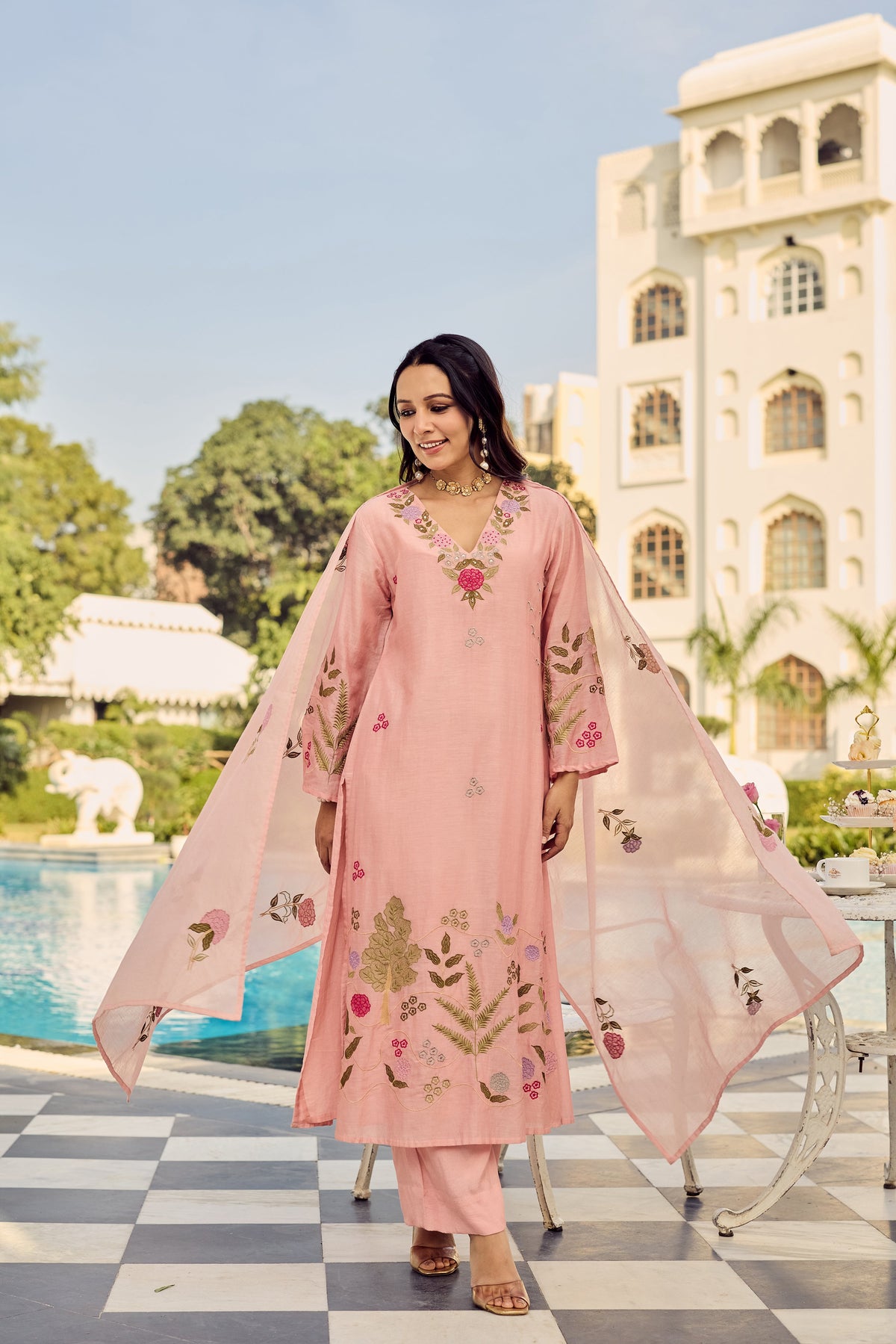 Blush Pink & Powder Blue Chanderi Silk Embroidered Kurta Pant Set with Embroidered Chanderi Dupatta