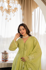 Sage Green & Blush Peach Chanderi Silk Embroidered Kurta Pant Set with Chanderi Dupatta