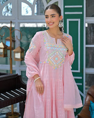 Rooprangi Women's Premium Flex Butti Cotton Embroidered Kurta Palazzo Set with Cota Checks Dupatta | Ivory White & Baby Pink