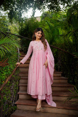 Baby Pink & Pastel Yellow Chanderi Silk Embroidered Anarkali Kurta Pant Set with Chanderi Embroidered Dupatta