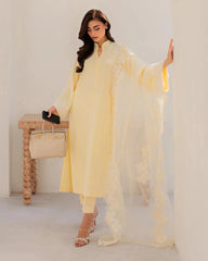 Rooprangi Women's Premium Chanderi Silk Embroidered Kurta Pant Set with Organza Floral Embroidered Dupatta | Butter Yellow & Powder Blue