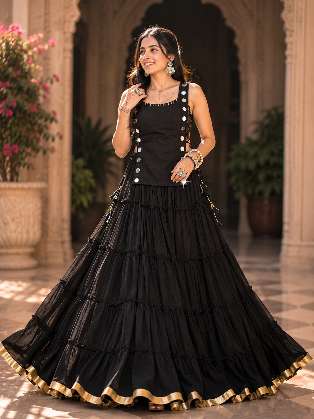 Classic Black Marble Navratri Lehenga Choli Set with Sheer Tunic & Cowrie Bell Detailing