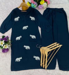 Heavy Rayon Embroidered Kurta Pant Set with Elephant Motif | Designer Casual Ethnic Wear for Women