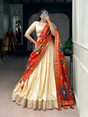 Designer Poly Kotha Tasar Lehenga Choli with Printed Dupatta | Traditional Zari Border Festive Lehenga Set for Women