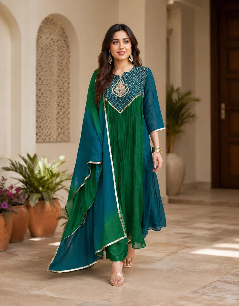 Royal Green 2-Tone Pure Mal Chanderi Anarkali Suit Set with Dupatta
