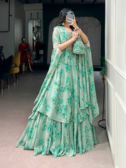 Lavender, Pink, Mustard & Mint Green Georgette Floral Lehenga with Embroidered Cape Dupatta & Batwa | Designer Party Wear Lehenga for Women