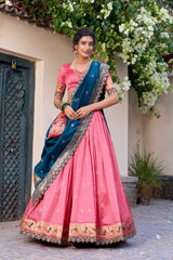 Designer Jacquard Silk Paithani Lehenga Choli Set with Zari Weaving, Sequins Embroidery & Scallop Lace Dupatta | Premium Festive Wedding Lehenga for Women