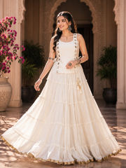 Classic Black Marble Navratri Lehenga Choli Set with Sheer Tunic & Cowrie Bell Detailing