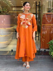 Burnt Orange Chanderi Silk Embroidered Kurta Pant Set with Chanderi Dupatta
