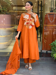 Burnt Orange Chanderi Silk Embroidered Kurta Pant Set with Chanderi Dupatta